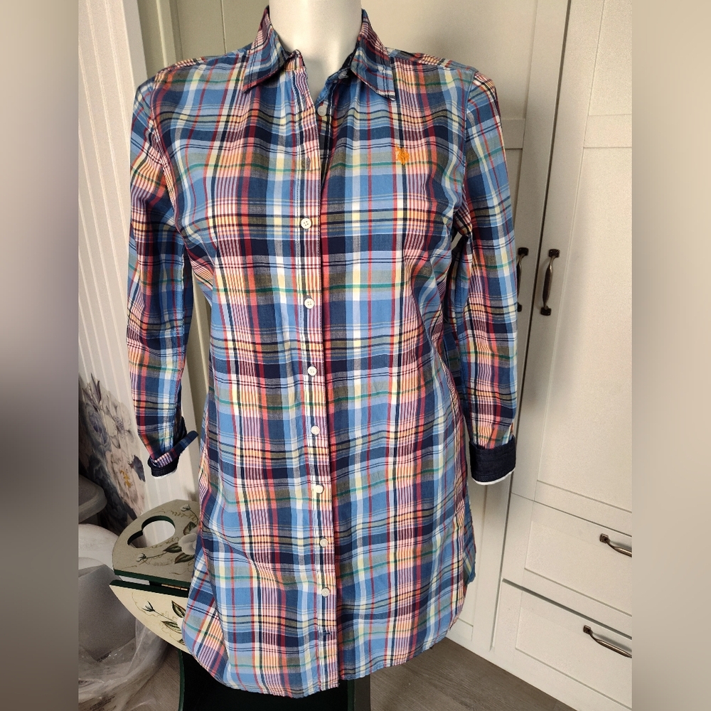 Polo Shirt Dress Plaid Blue Tones Sz LG Fantastic Quality Cotton Career Clothes
